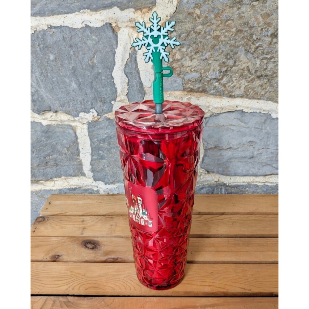 NEW Disney Parks Starbucks Disneyland Holiday Red Geometric Tumbler Straw 24oz